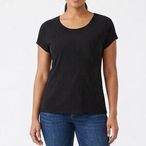 Bleeker & McDougal Women's Beaded Top Size PL Black Short Sleeve Stretch Blouse